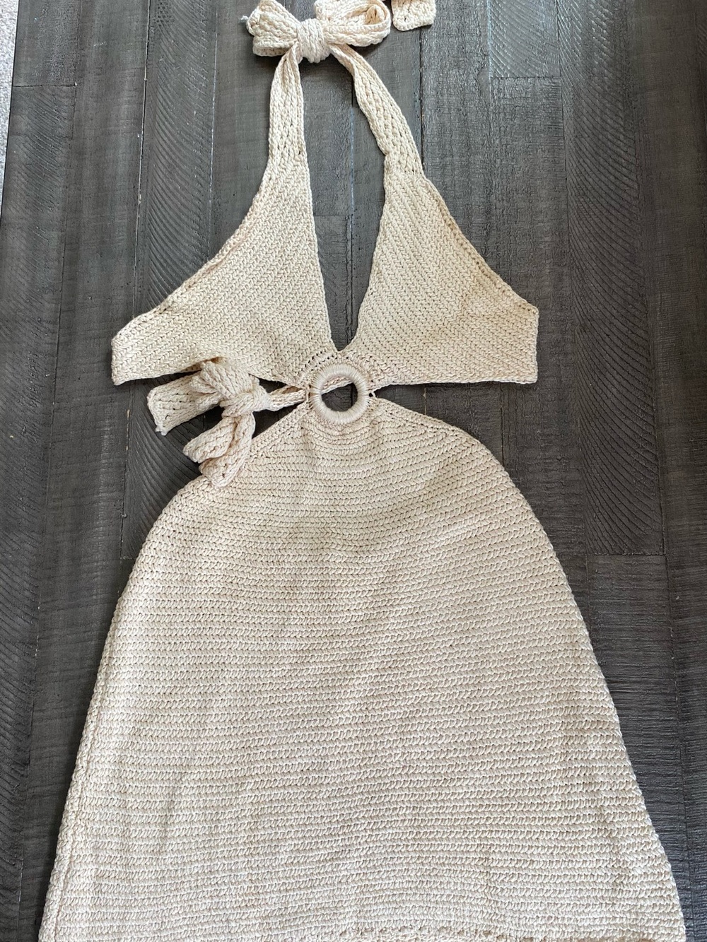 Elan Crochet Cutout Halter Mini Dress Cream Women’s Large Boho Summer Beach